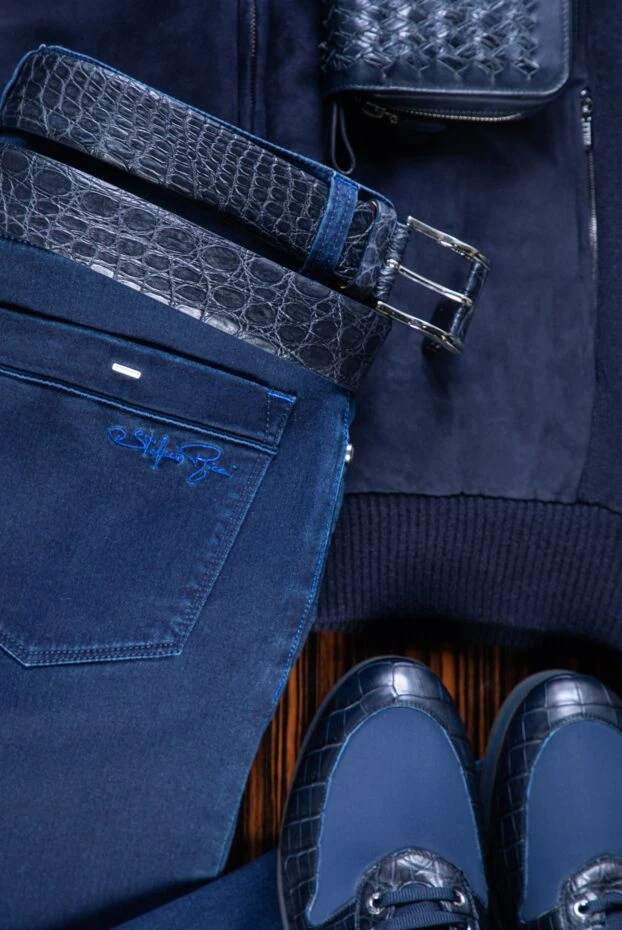 Ремінь з фактурним тисненням шкіри крокодила синій чоловічий - фото 2