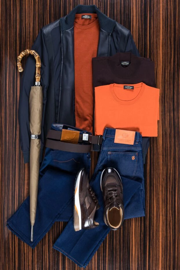 Куртка синяя кашемировая с эластичными вставками и кожаными элементами мужская - фото 2