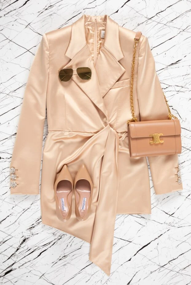 Giuseppe Di Morabito сатиновое платье-пиджак бежевое с асимметричной драпировкой и острыми лацканами 156868 - фото 2