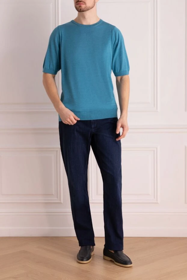 Cesare di Napoli man short sleeve jumper in silk and cotton blue for men buy with prices and photos 158056 - photo 2