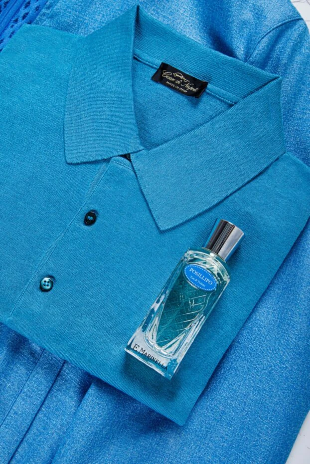 Mens polo shirt in turquoise-blue made of cotton and silk with buttons - photo 2