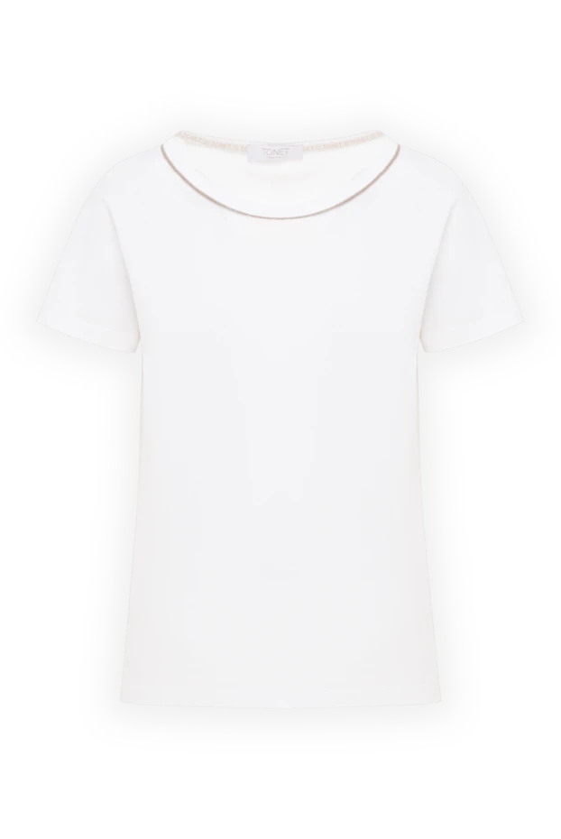 Tonet white fitted cotton t-shirt with decorative neckline trim 158539 - photo 1