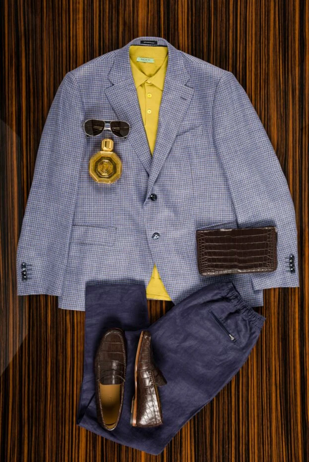 Пиджак мужской из шерсти шелка и льна с узором гусиная лапка в серой гамме - фото 2