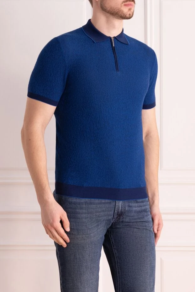 Dalmine blue cotton polo shirt with dark inserts and a zipper for men 197029 - photo 3