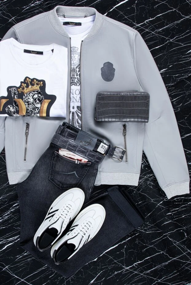 Billionaire mens light gray leather bomber jacket with a logo patch 159991 - photo 2