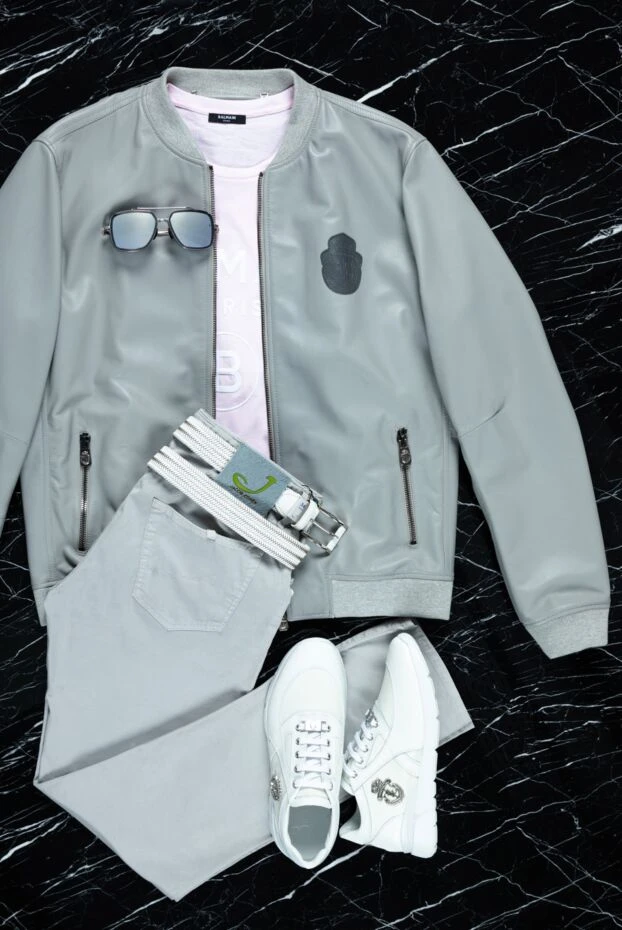 Billionaire mens light gray leather bomber jacket with a logo patch 159991 - photo 3