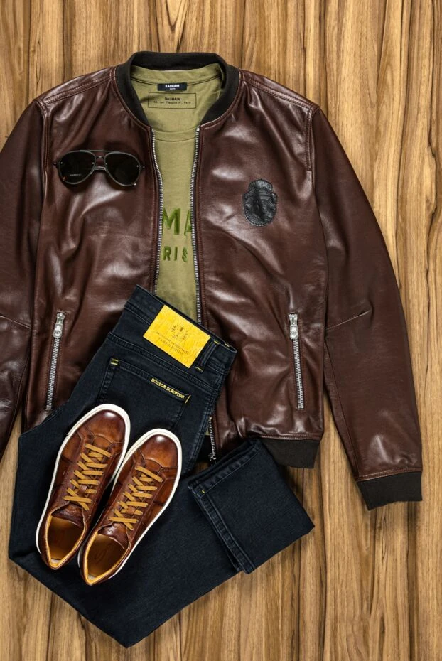 Billionaire куртка-бомбер кожаная коричневая с нашивкой-логотипом мужская 159992 - фото 2