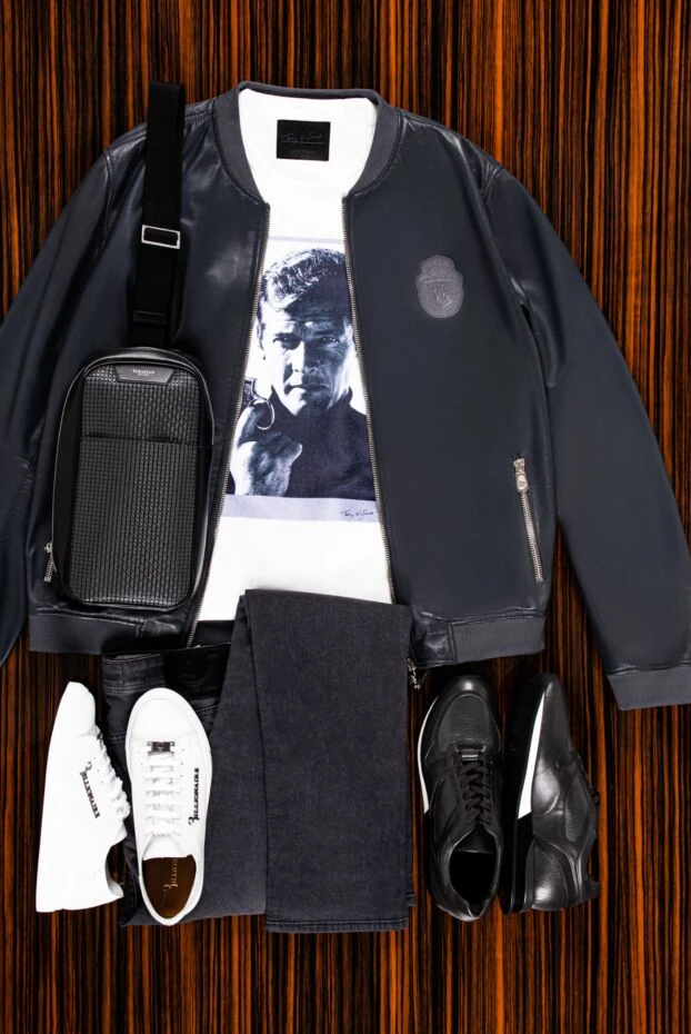 Billionaire mens dark gray leather bomber jacket with a logo patch 159998 - photo 2