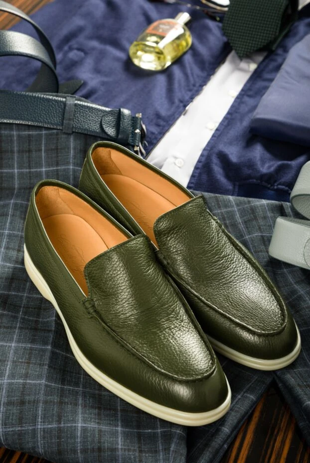 Cesare di Napoli лофери з фактурної шкіри темно-зелені чоловічі 160123 - фото 2