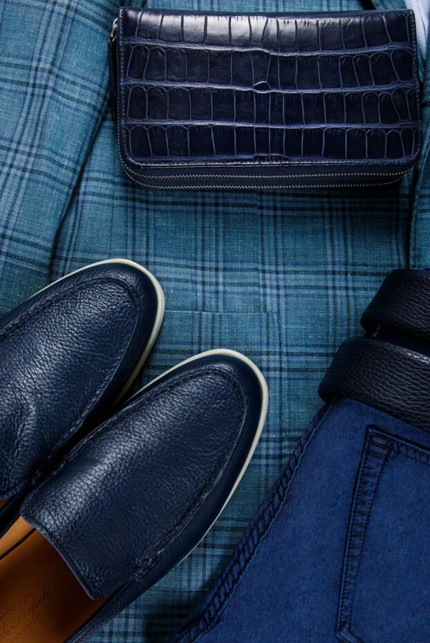 Клатч чоловічий зі шкіри алігатора на два відділення під блискавками насичено-синій - фото 2