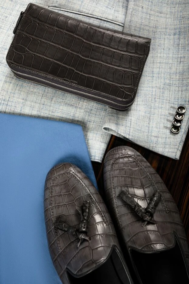 Cesare di Napoli men's dark gray alligator leather clutch with two zipped compartments 160235 - photo 2