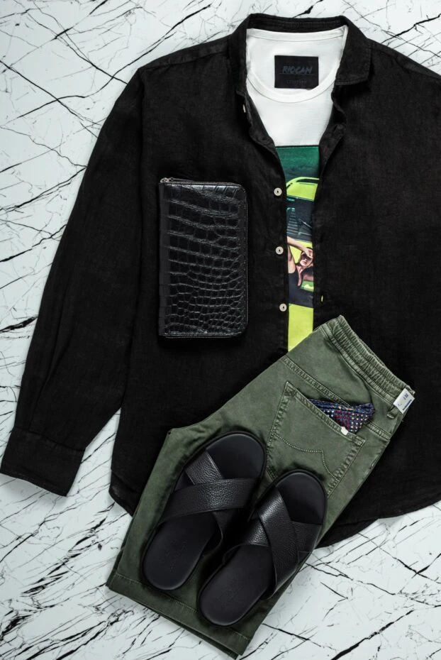 Сорочка мужская льняная приталенного кроя в чёрном исполнении - фото 2