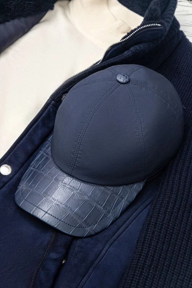 Кепка из кожи крокодила и полиэстера синяя мужская - фото 2