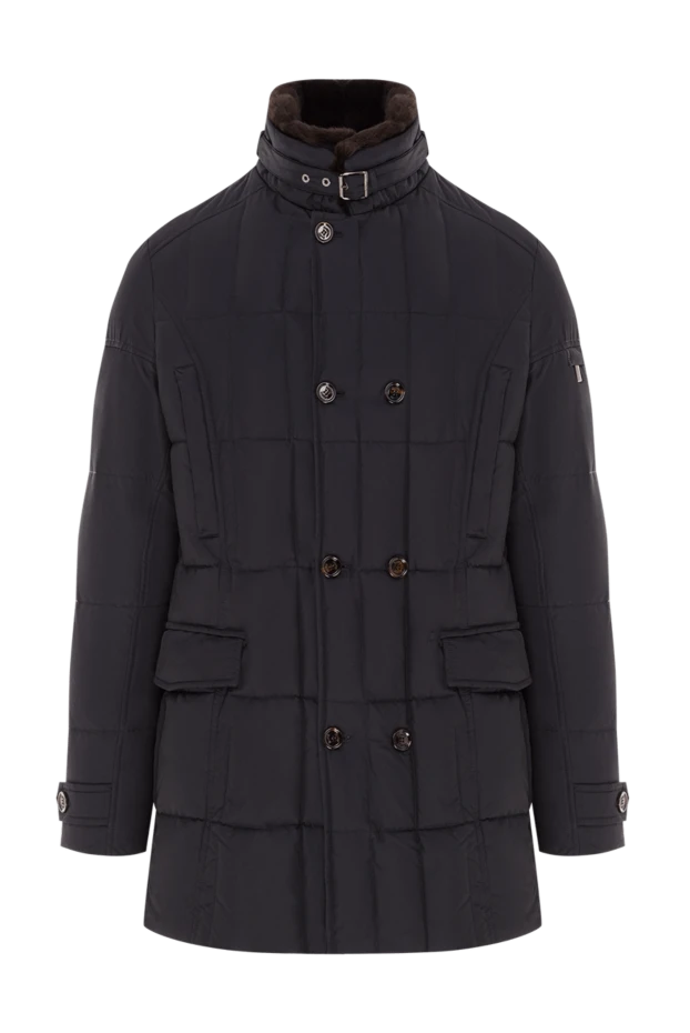 Пуховик чоловічий синій двобортний з високим коміром та хутряною підкладкою - фото 1