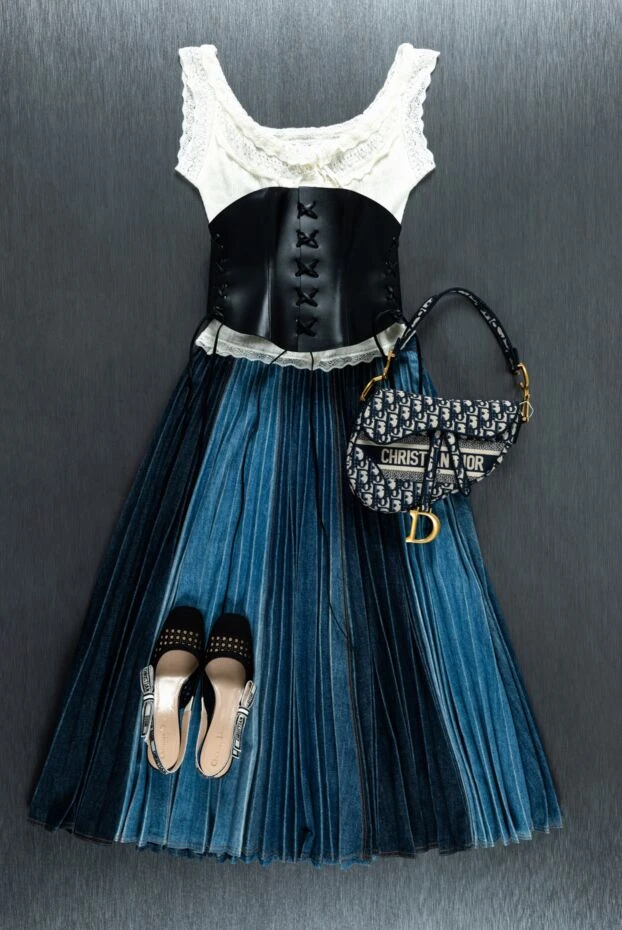 Dior two tone pleated denim midi skirt 160783 - photo 2