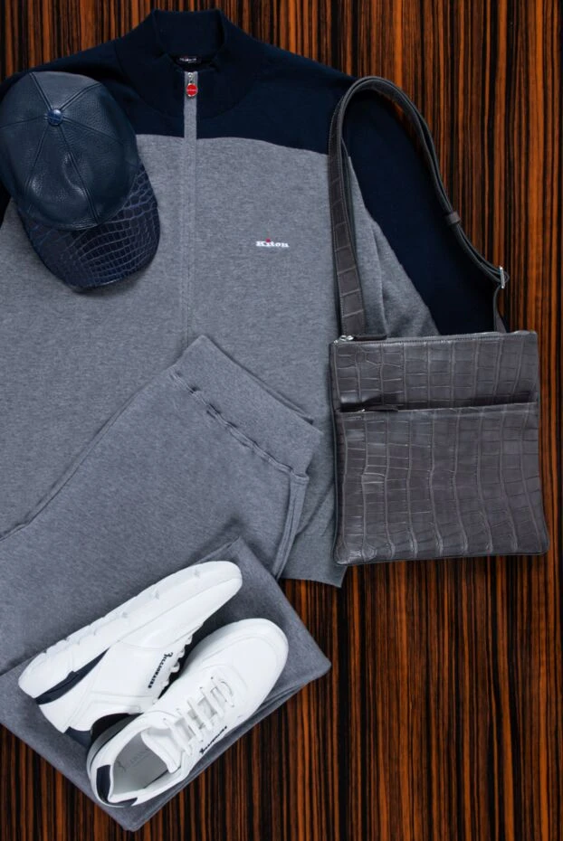 Kiton men's suit made of cotton, gray with dark blue inserts and logo 160788 - photo 2