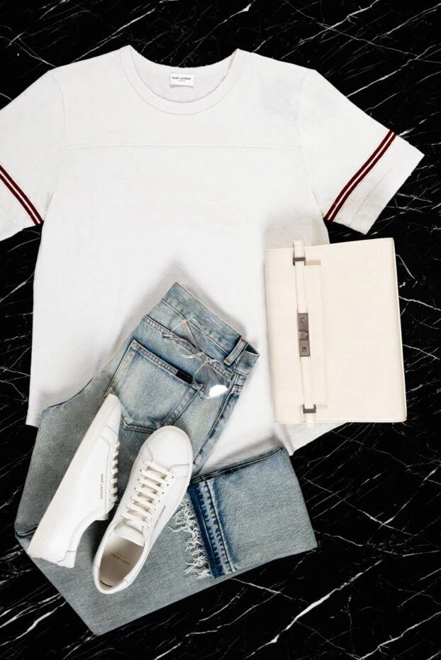 Saint Laurent футболка белая хлопковая женская с лентами ламе 160816 - фото 2