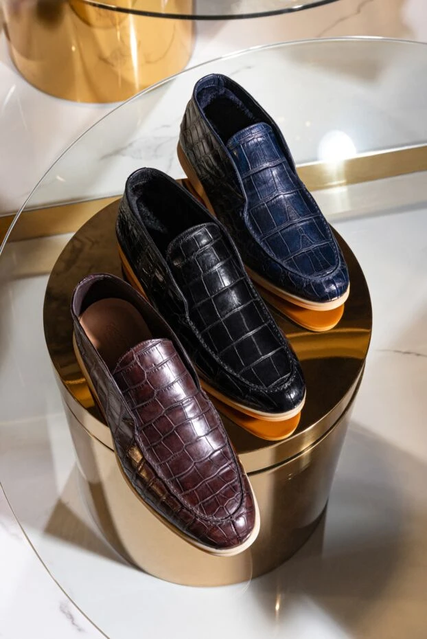 Лофери з високим верхом зі шкіри крокодила сині на хутрі чоловічі - фото 2