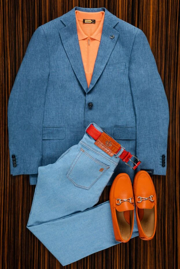 Джинсы мужские голубые с контрастной оранжевой фурнитурой и отделкой - фото 2