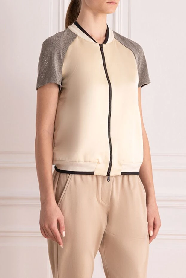 Brunello Cucinelli коротка куртка на блискавці з бежевою текстурними рукавами 161300 - фото 3