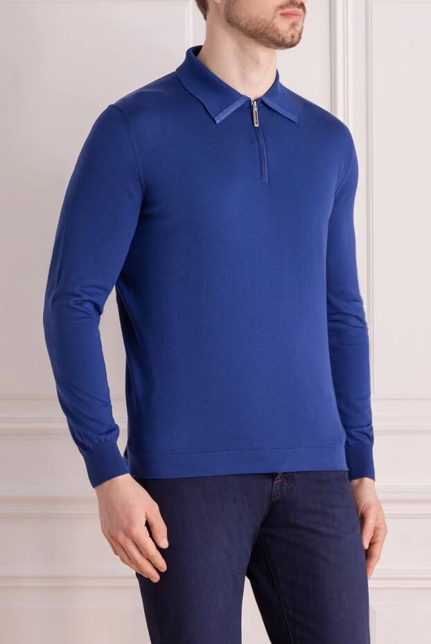 Stefano Ricci поло с длинным рукавом из шелка, хлопка и кожи крокодила синее мужское 161377 - фото 3