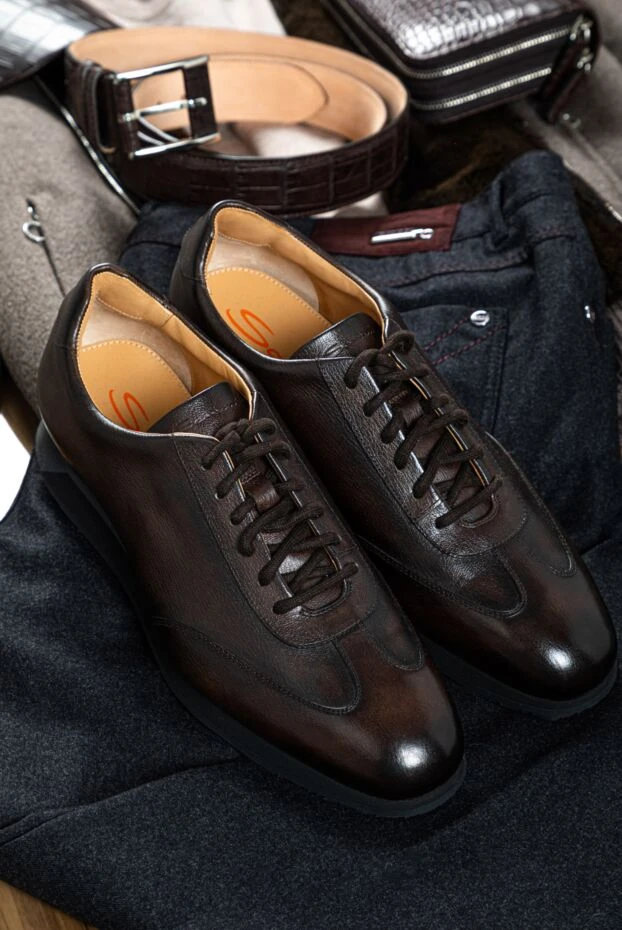 Santoni коричневые кожаные сникеры с винтажной полировкой 161949 - фото 2