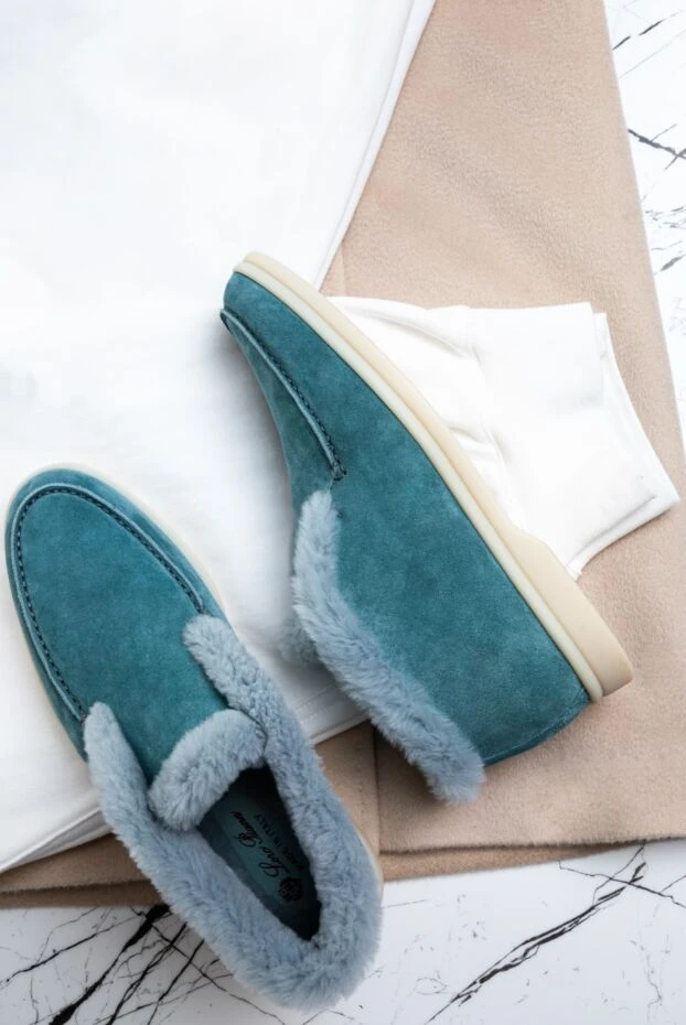 Loro Piana лофери жіночі з нубуку та хутра зелені 162049 - фото 3