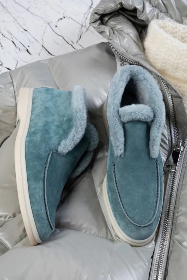 Loro Piana лофери жіночі з нубуку та хутра зелені 162049 - фото 2