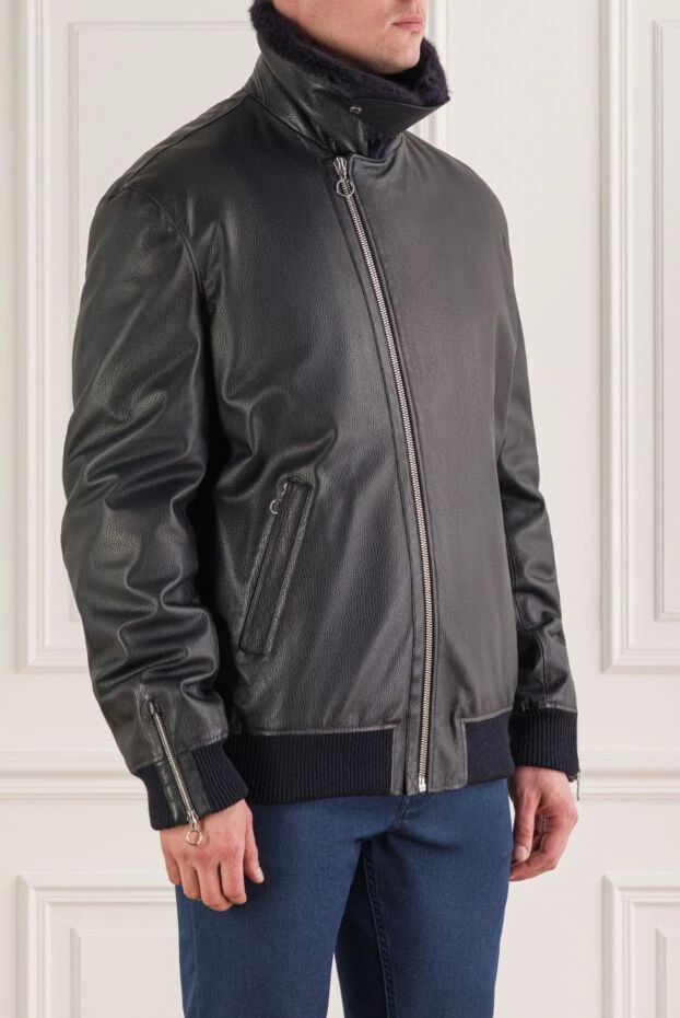 Seraphin куртка-бомбер синяя кожаная на меху с отложным воротником мужская 162463 - фото 3