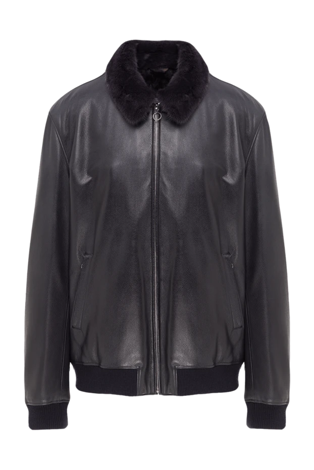 Куртка кожаная на меху с отложным воротником синяя мужская - фото 1