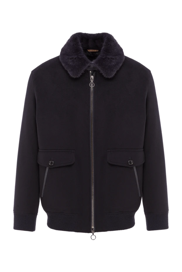 Куртка-бомбер синяя с отложным меховым воротником и кожаными вставками мужская - фото 1