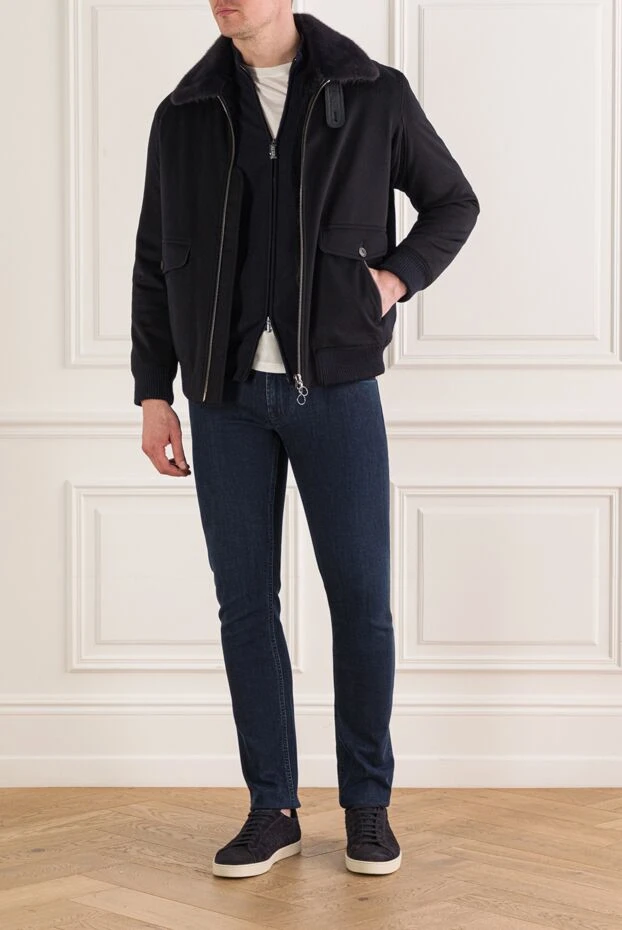 Seraphin куртка-бомбер синяя с отложным меховым воротником и кожаными вставками мужская 162484 - фото 2