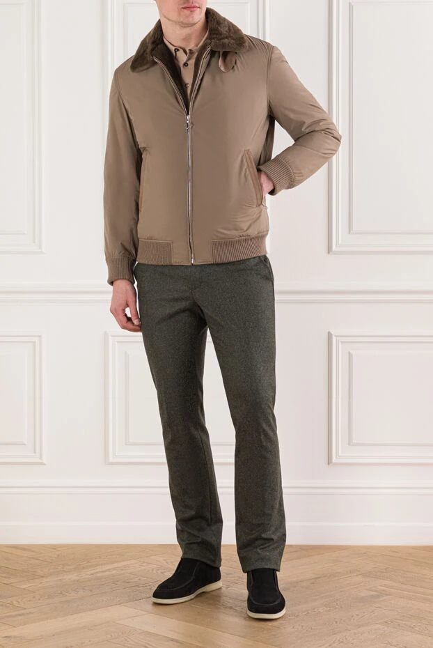 Seraphin men's blue bomber jacket with a high fur collar and a leather insert 162497 - photo 2