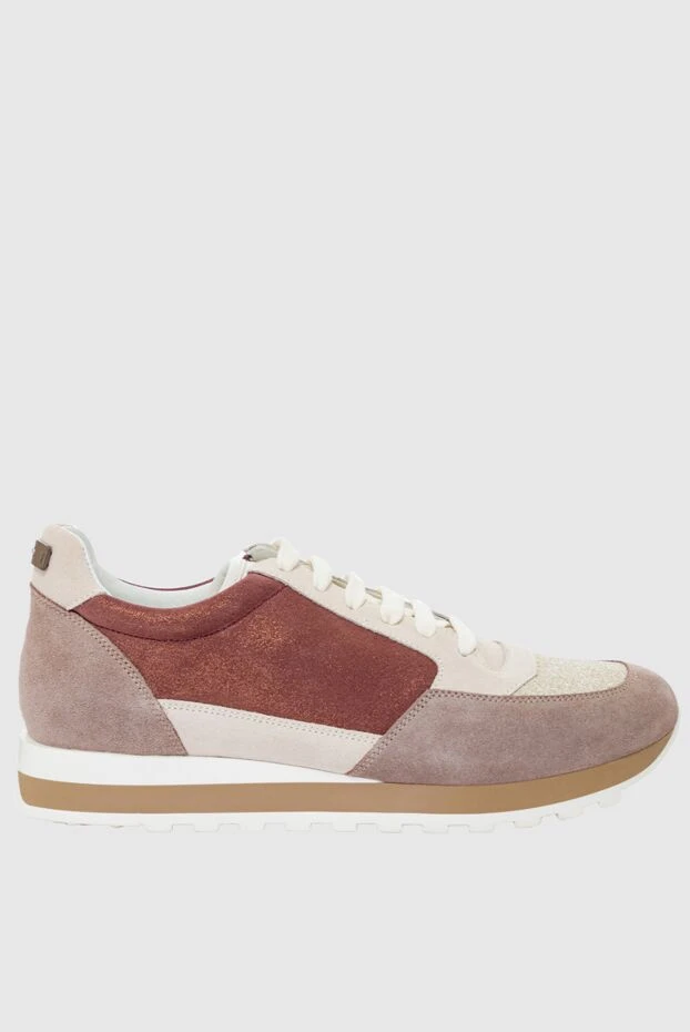 Women's sneakers in beige with burgundy shiny inserts.