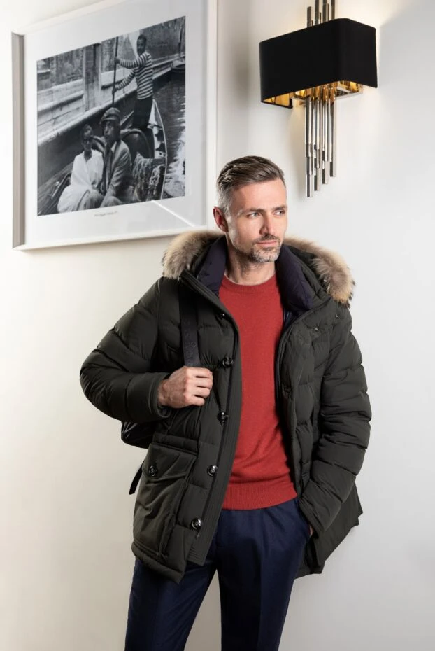 Kiton men's olive down jacket with fur trim on the hood and patch pockets 163553 - photo 3