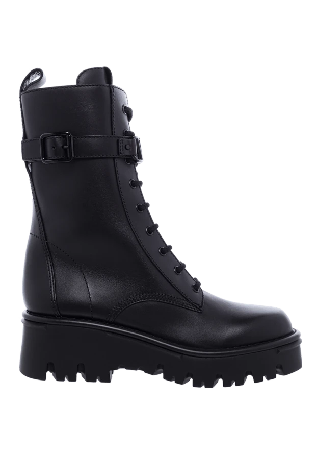 Women's high black leather boots with a strap and logo