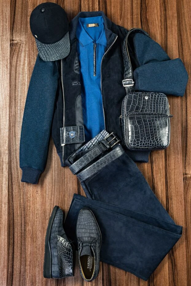 Enrico Mandelli men's dark blue suede jacket with knitted inserts 163954 - photo 2