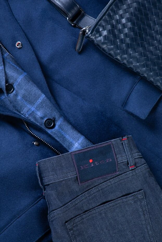 Kiton men's dark blue jeans with contrast turquoise button 164232 - photo 2