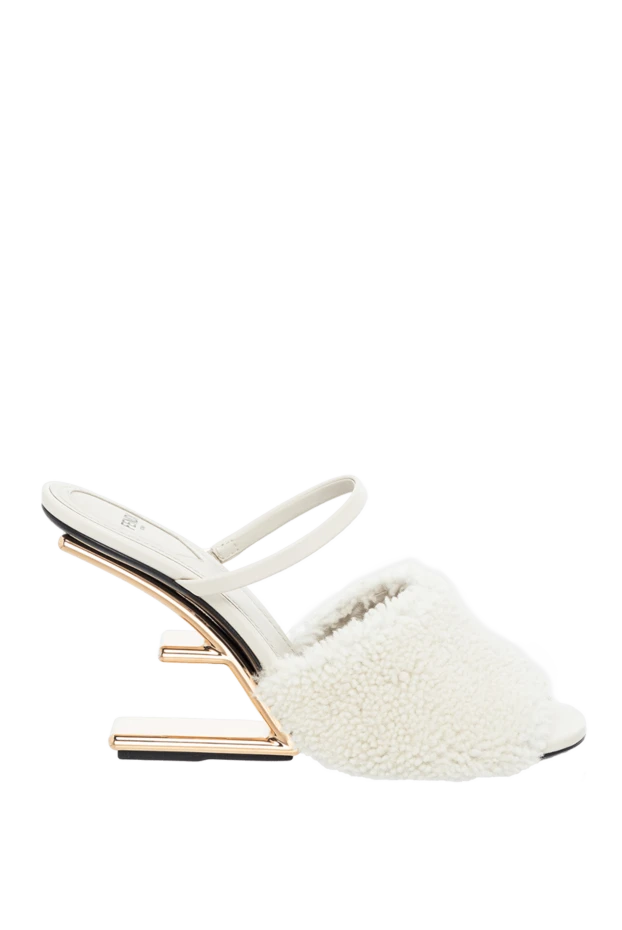 Women's white sandals with fur and heel in the shape of the letter F