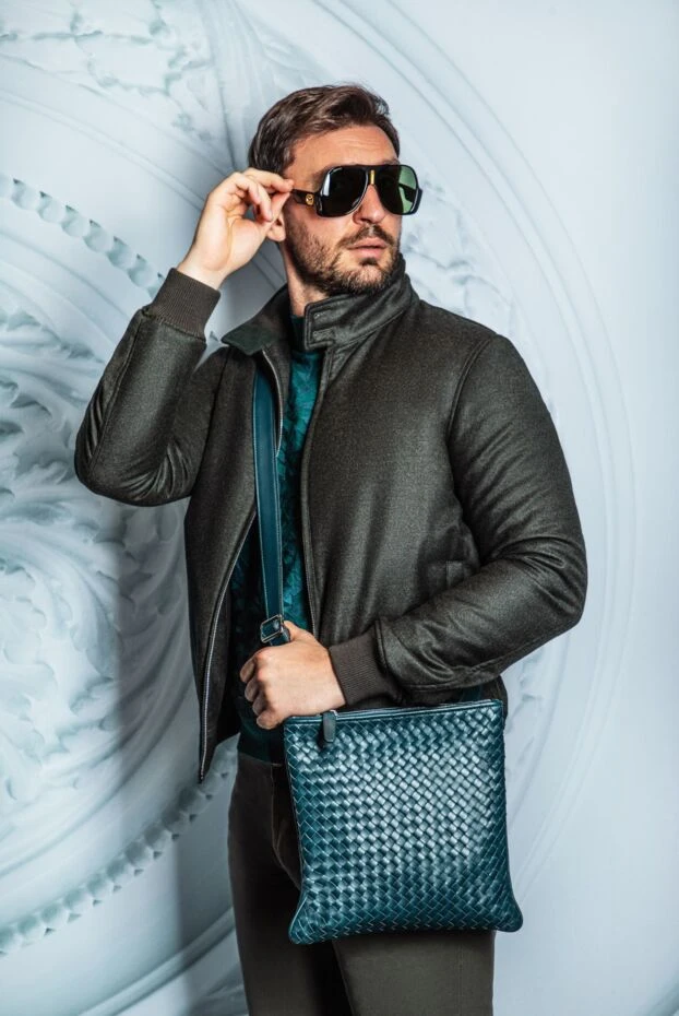 Cesare di Napoli mens green wool jumper with a high stand-up collar and textured pattern 164385 - photo 2