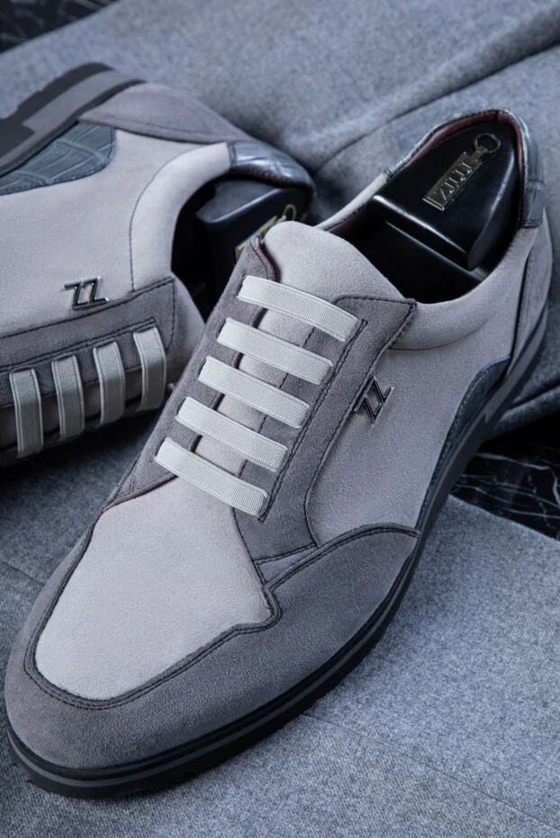 Zilli снікери з нубуку та шкіри крокодила сірі чоловічі 164680 - фото 2