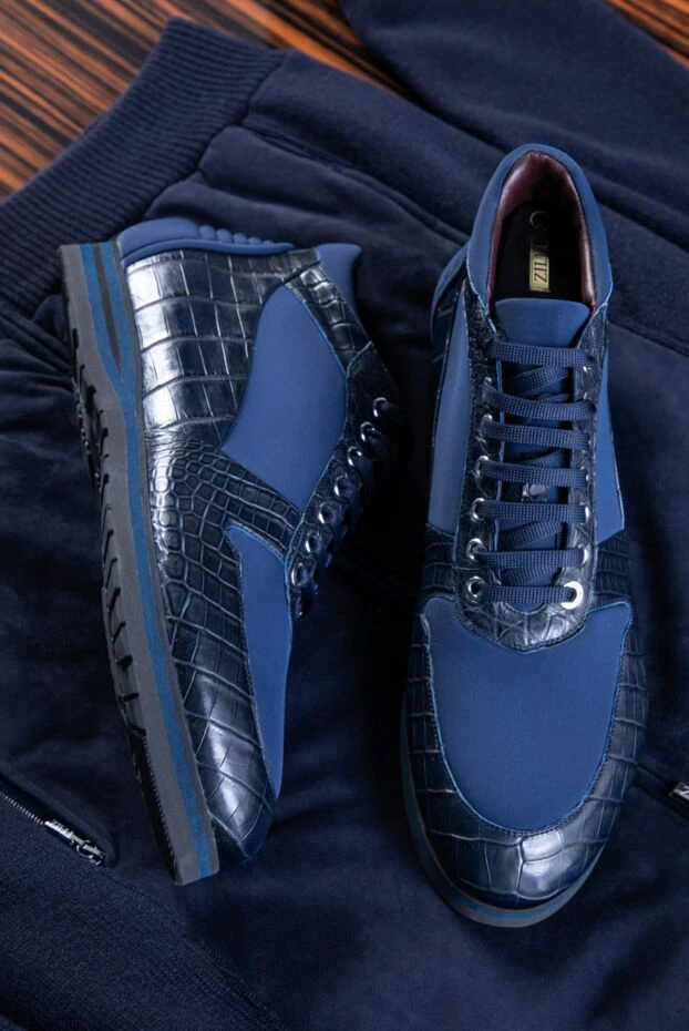 Zilli high-top blue sneakers made of crocodile leather and elastic fabric 164710 - photo 2