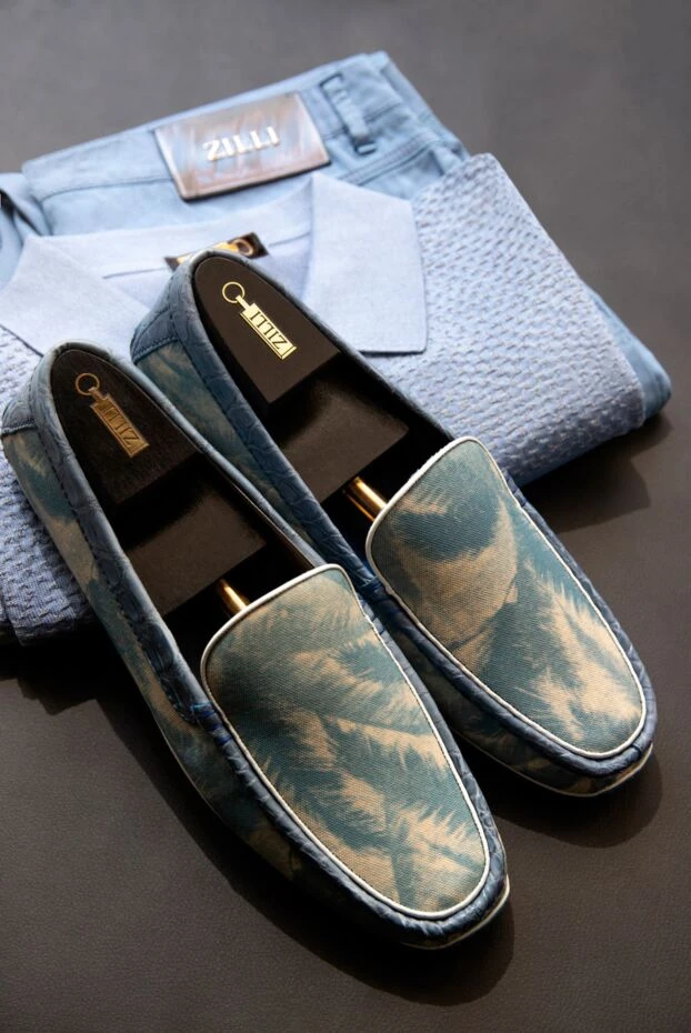 Blue patterned leather moccasins with crocodile leather inserts for men - photo 2