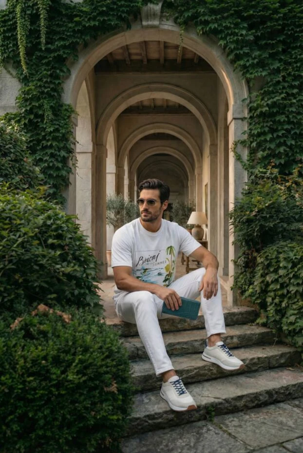 Brioni men's white cotton t-shirt with island and palm print 164744 - photo 2