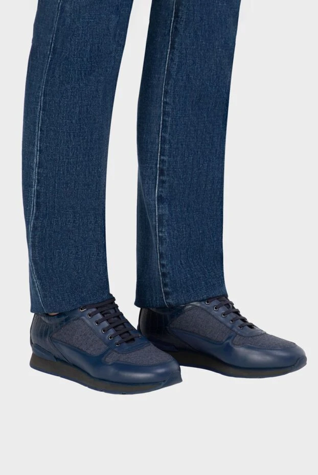 Men's blue leather and crocodile leather sneakers - photo 2