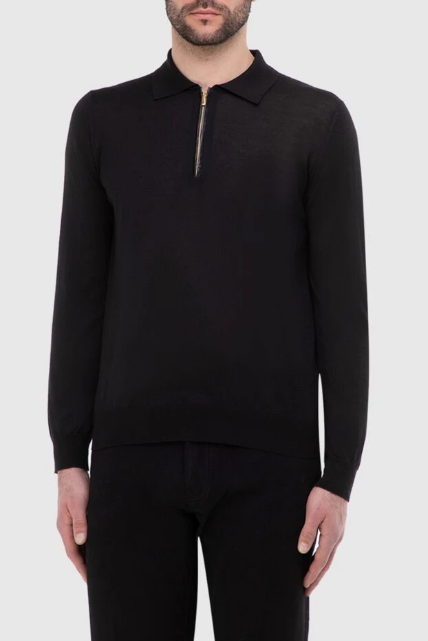 Zilli men's long sleeve black polo shirt with crocodile leather inserts and zipper 165747 - photo 3