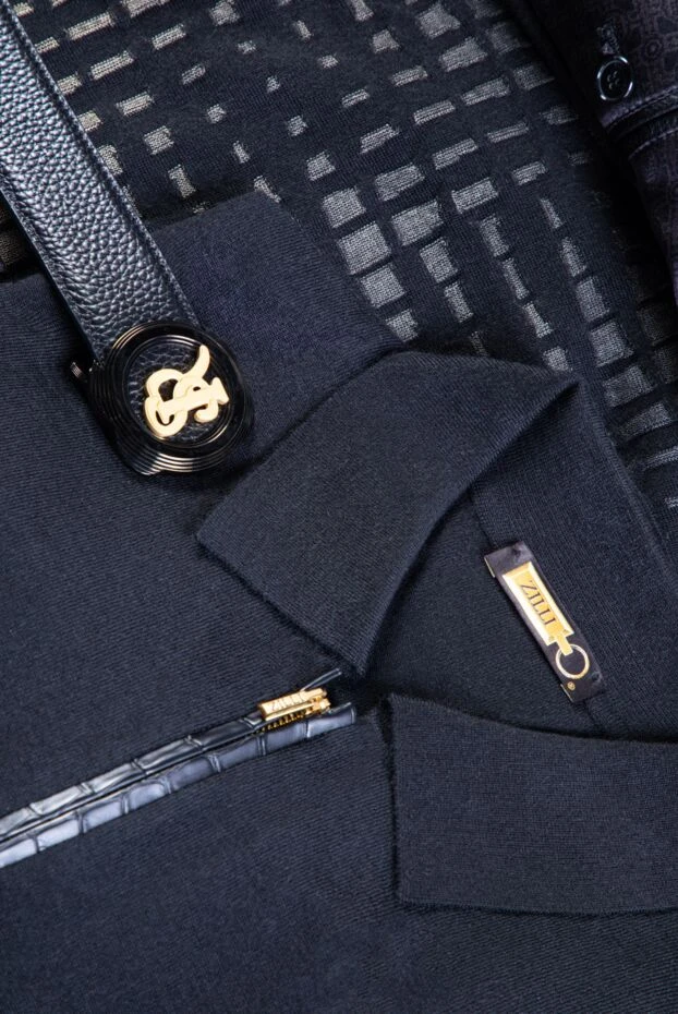 Zilli men's long sleeve black polo shirt with crocodile leather inserts and zipper 165747 - photo 2