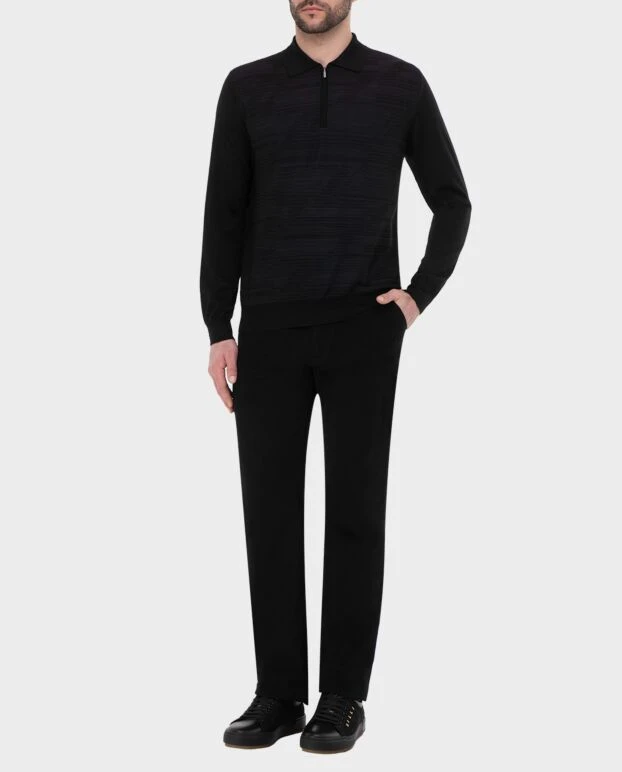 Men's long sleeve black polo shirt in horizontal rib knit - photo 2