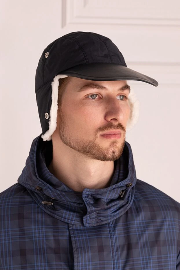 Seraphin man cap made of nylon, genuine leather and natural fur blue for men buy with prices and photos 165972 - photo 2