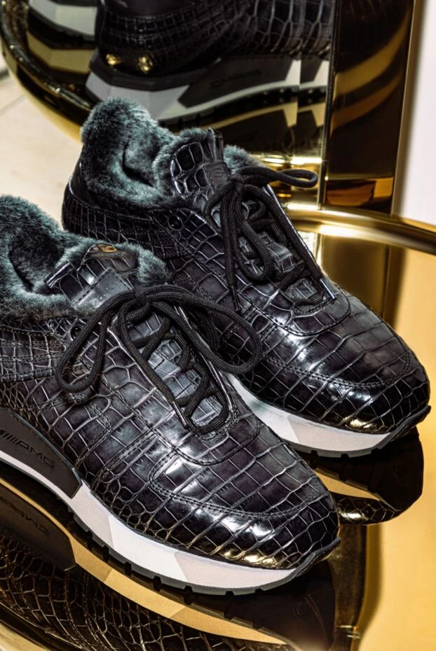 Santoni crocodile leather sneakers with fur lining in graphite tone 165976 - photo 2